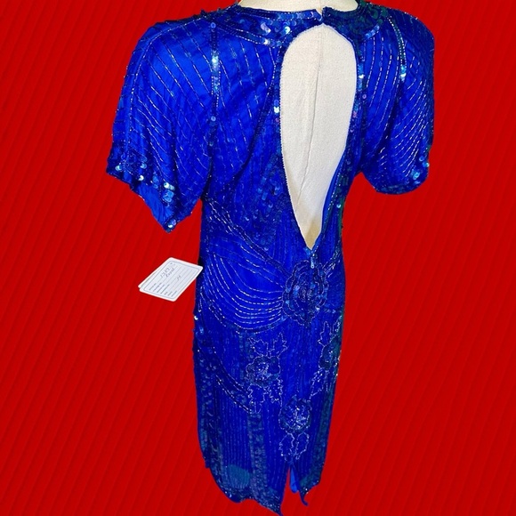 NWT Swee Lo Vintage Royal Blue 100% Silk Fully Beaded Ornate Midi Dress Size M - Picture 9 of 16